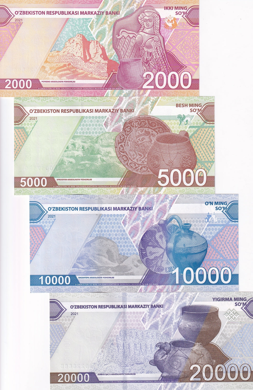 Uzbekistan Set 4 Pcs 2000 5000 10000 20000 Som 2021 P 87 88 89 P 90 UNC