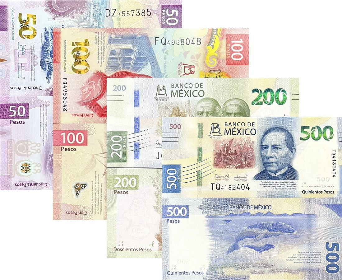 Mexico set 4 UNC 20 50 100 200 500 Commemorative OVPT 1925-2025 100th