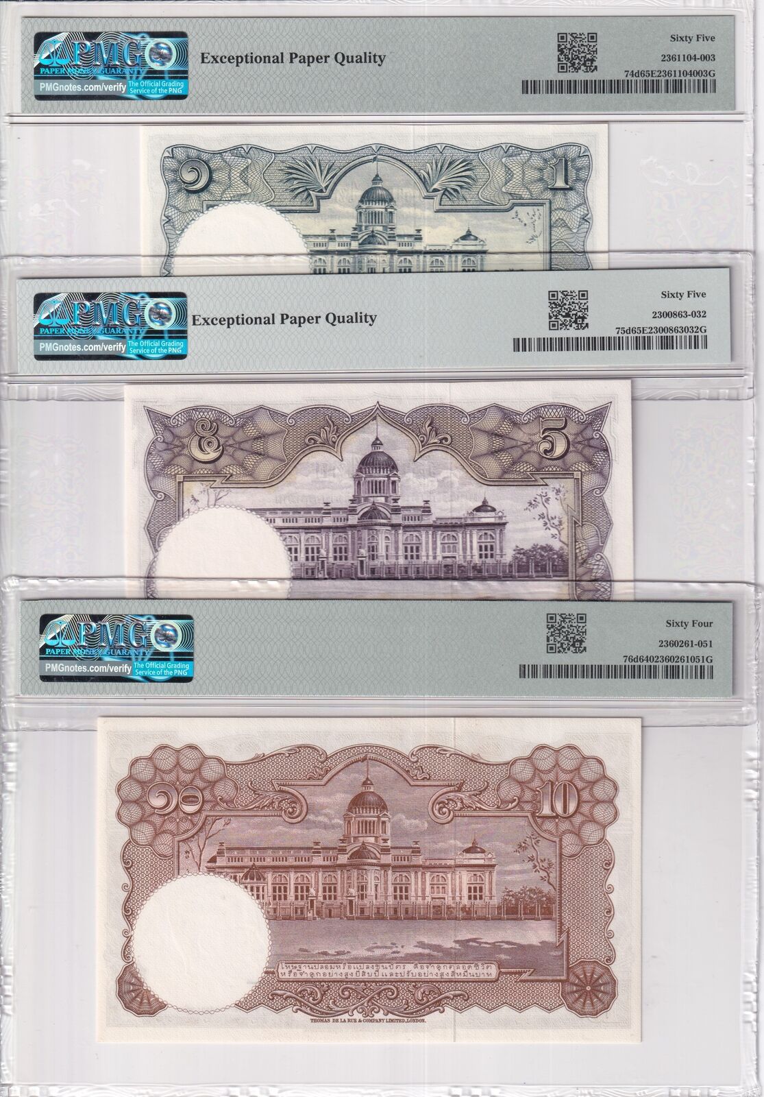 Thailand Set 3; 1 5 10 Baht ND 1953 P 74 P 75 P 76 d Gem UNC PMG 64 65 EPQ