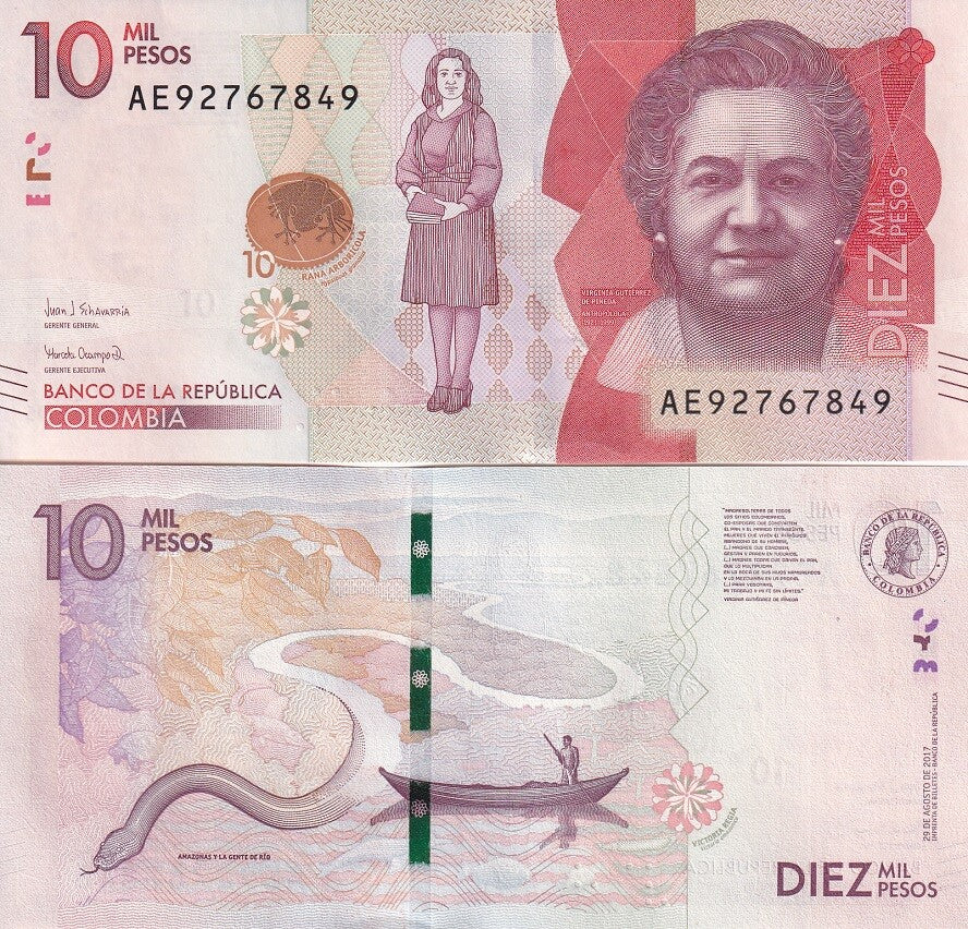 Colombia 10000 Pesos 2017 P 460 c UNC, treefrog , Amazonas , Anaconda