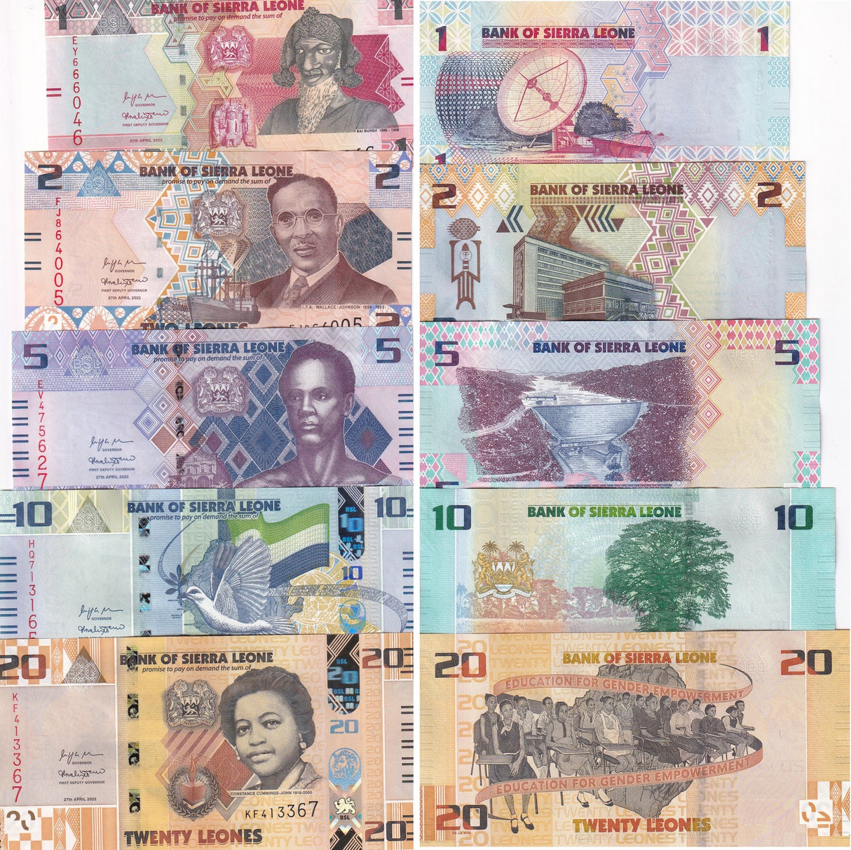Sierra Leone Set 5 UNC 1 2 5 10 20 Leones 2022 P 34 35 36 37 38 CUT Zero