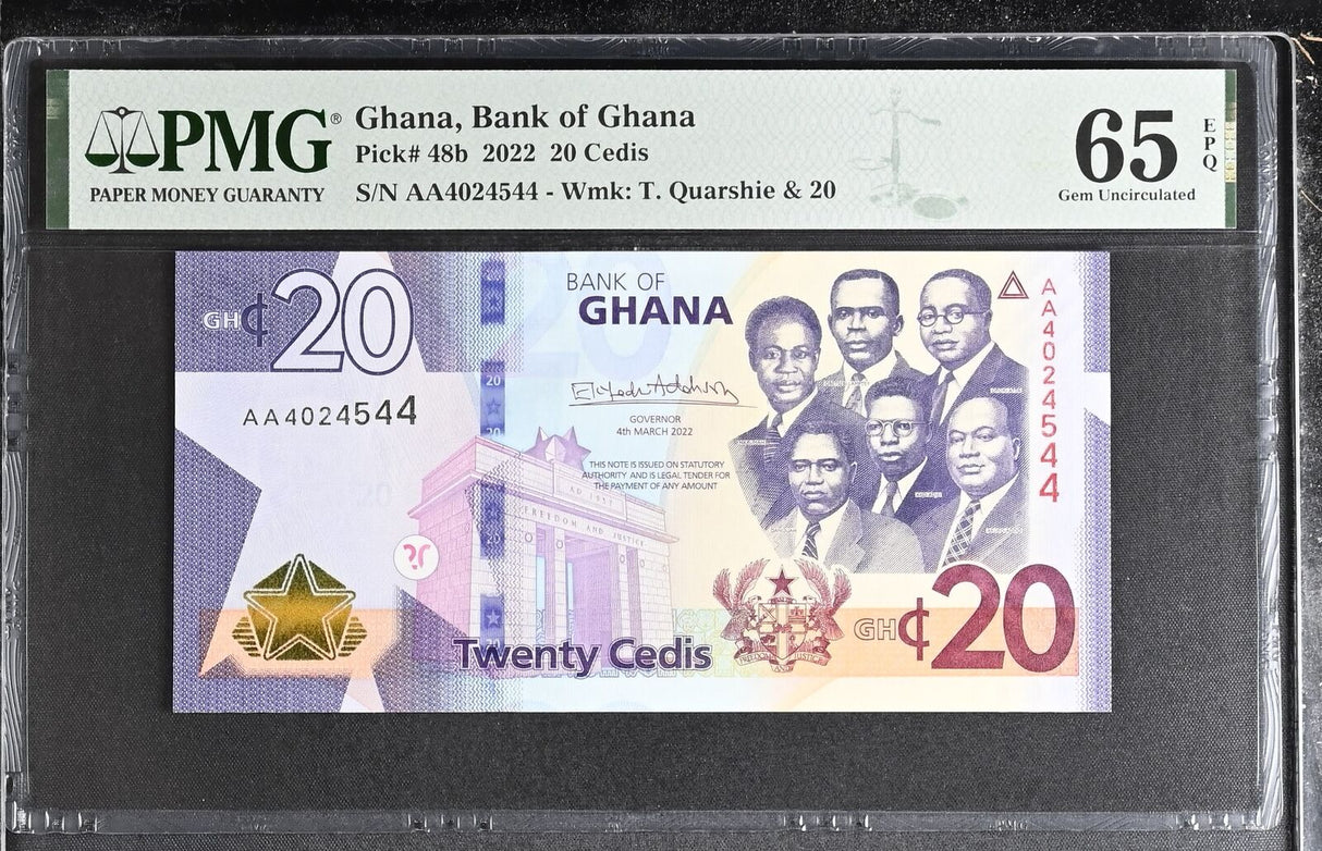 Ghana 20 Cedis 2022 P 48 b AA Prefix Gem UNC PMG 65 EPQ