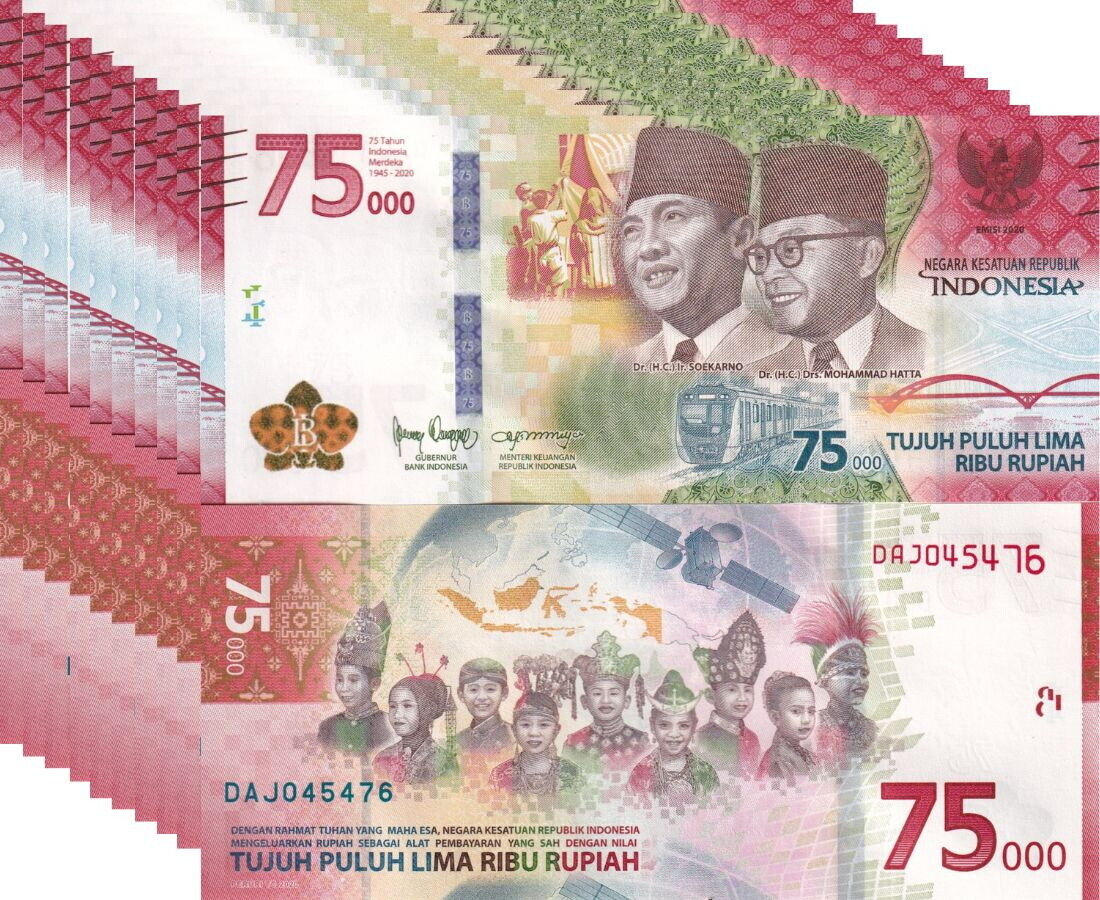 Indonesia 75000 Rupiah 2020 75th Commemorative P 161 UNC Lot 10 Pcs