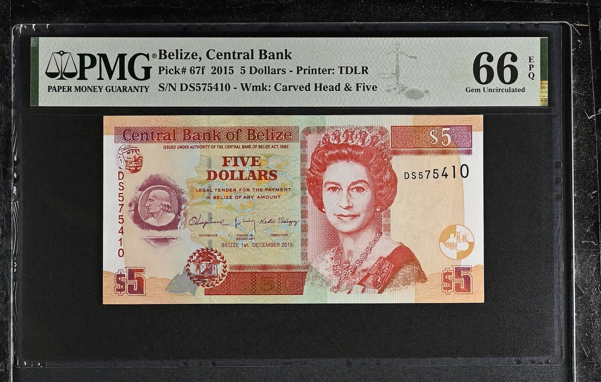 Belize 5 Dollars 2015 P 67 f Gem UNC PMG 66 EPQ
