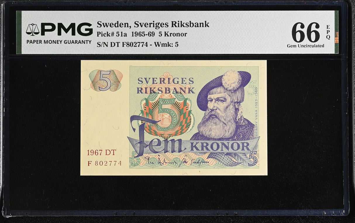 Sweden 5 Kronor 1967 P 51 a Gem UNC PMG 66 EPQ