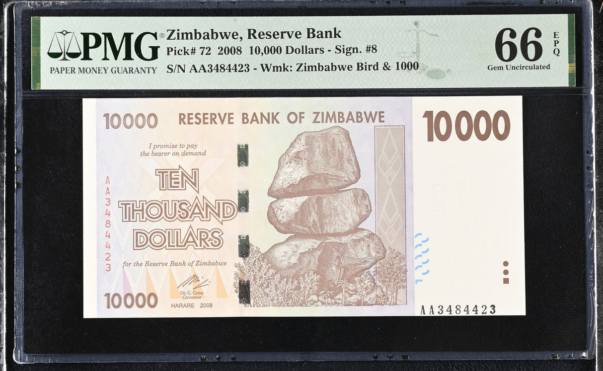 Zimbabwe 10000 Dollars 2008 P 72 Gem UNC PMG 66 EPQ