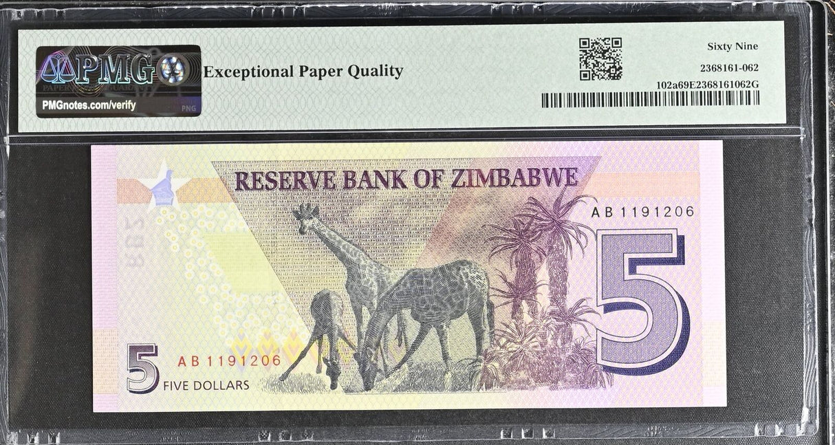 Zimbabwe 5 Dollars 2019 P 102 a Superb GEM PMG 69 EPQ