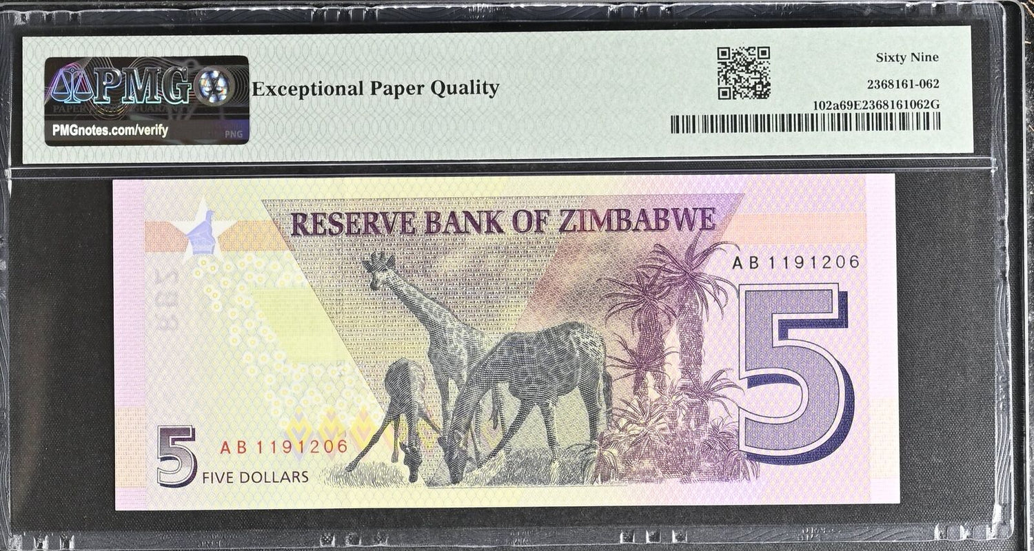 Zimbabwe 5 Dollars 2019 P 102 a Superb GEM PMG 69 EPQ