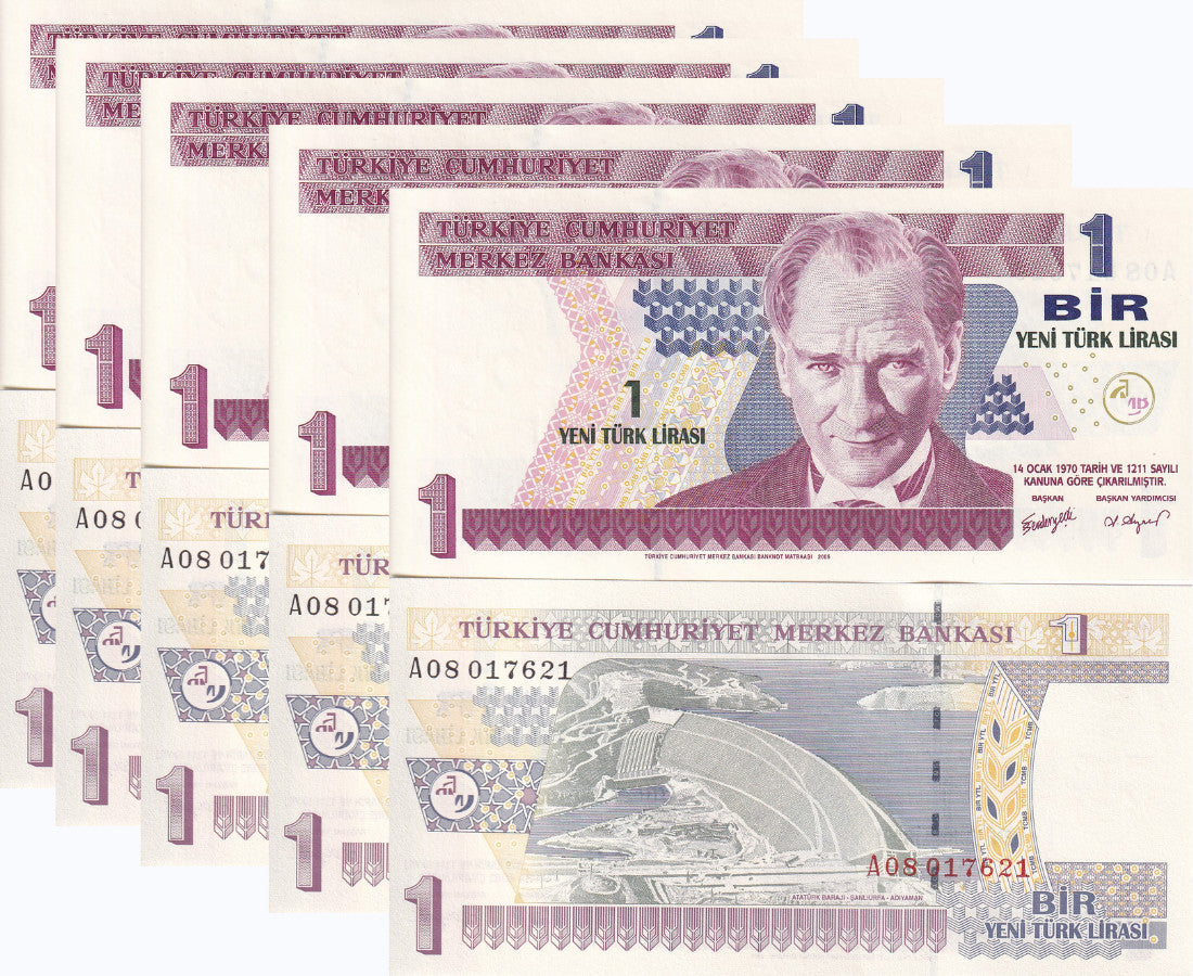 Turkey 1 Lirasi 2005 PREFIX A P 216 UNC LOT 5 PCS
