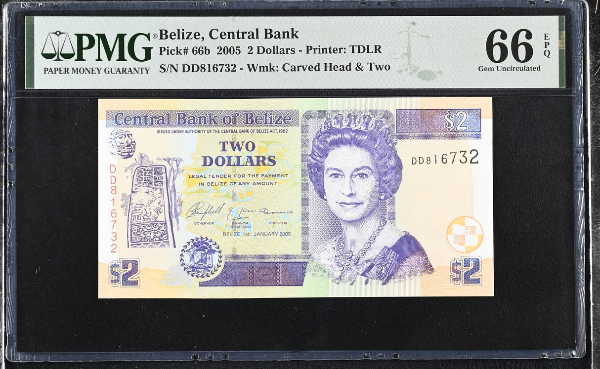 Belize 2 Dollars 2005 P 66 b Gem UNC PMG 66 EPQ