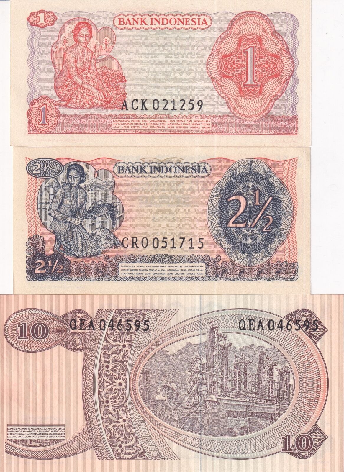 Indonesia Set 3 PCS 1 2 1/2 10 Rupiah 1968 P 102 P 103 P 105 UNC