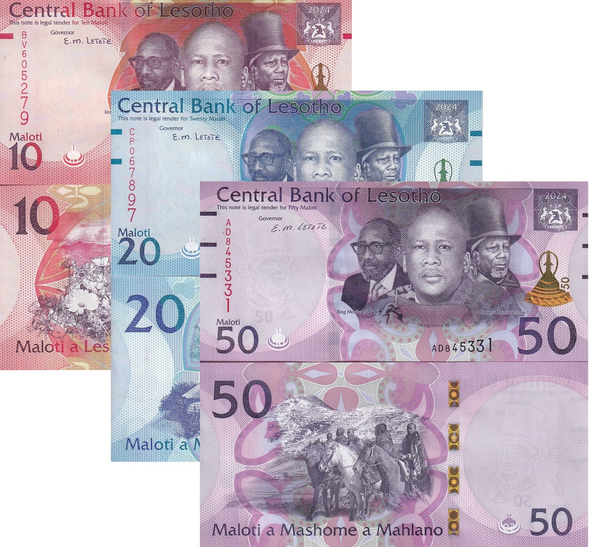 Lesotho SET 3 UNC 10 20 50 Maloti 2024 2025 P New Hybrid UNC