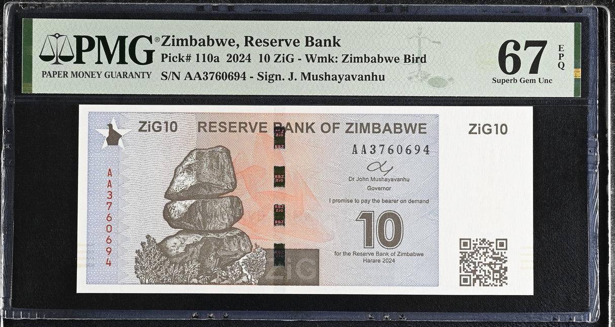 Zimbabwe 10 ZIG 2024 P 110 a Superb Gem UNC PMG 67 EPQ