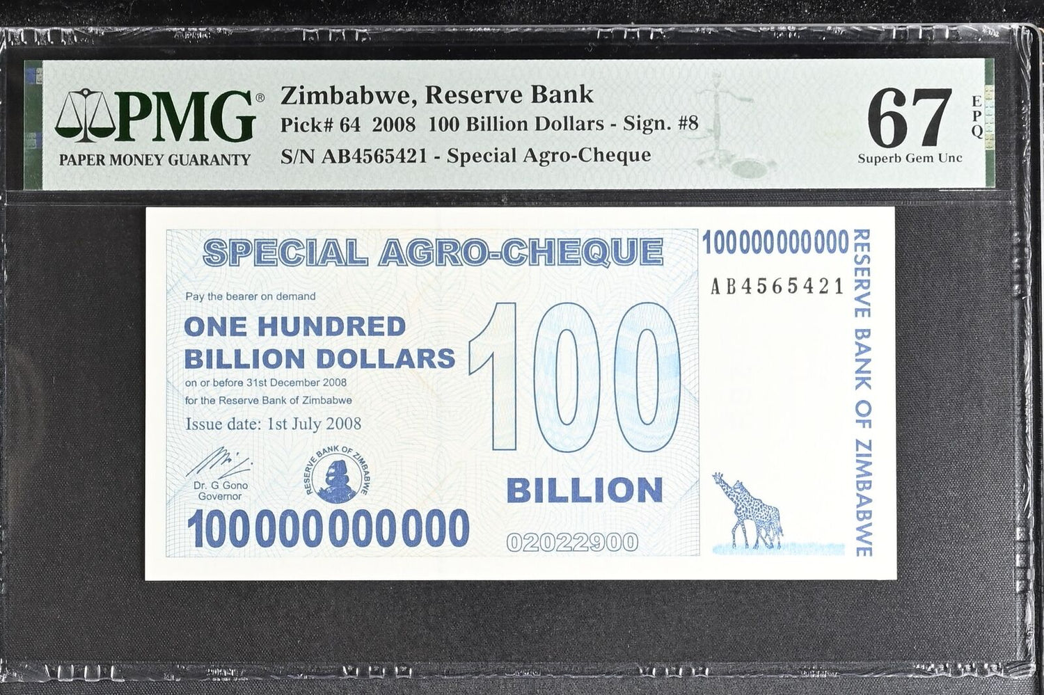 Zimbabwe 100 Billion Dollars 2008 P 64 Superb Gem UNC PMG 67 EPQ