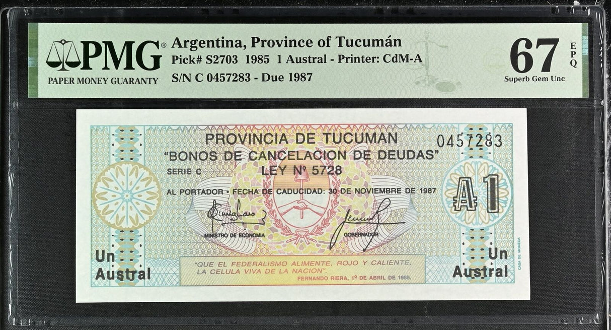 Argentina 1 Austral 1985 P S2703 Superb Gem UNC PMG 67 EPQ