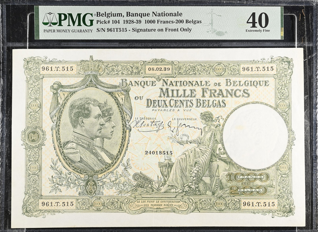 Belgium 1000 Francs-200 Belgas 1939 P 104 Extremely Fine EF PMG 40