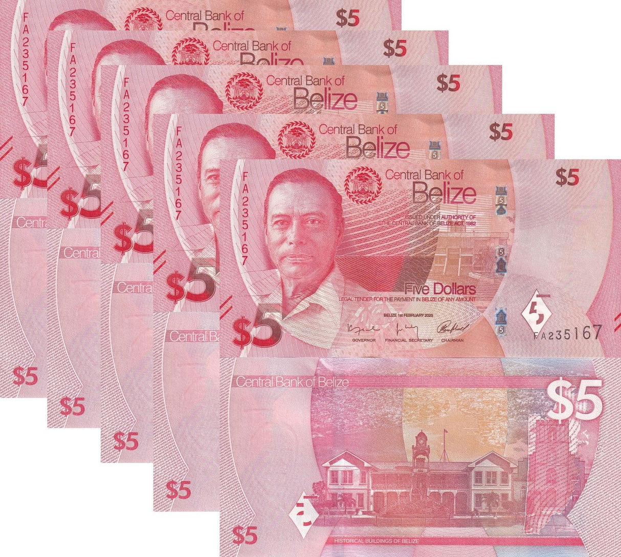 Belize 5 Dollars 2025 P 74 NEW UNC LOT 5 PCS