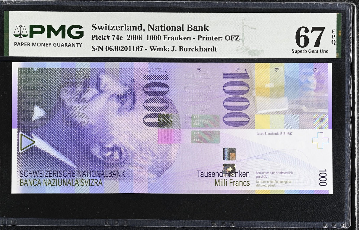 Switzerland 1000 Franken 2006 P 74 c Superb Gem UNC PMG 67 EPQ