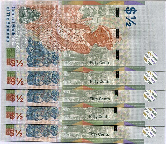 Bahamas 1/2 Dollar 2019 P 76Aa UNC LOT 5 PCS