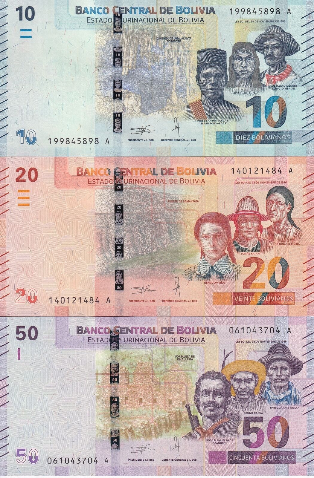 Bolivia SET 3 PCS 10 20 50 Bolivianos 2018 P 248 249 250 UNC