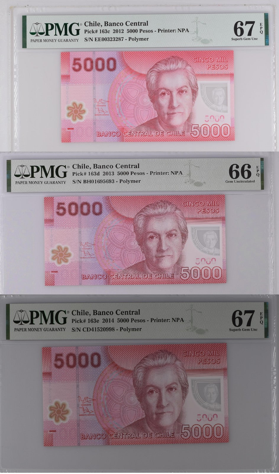 Chile Set 3; 5000 Pesos 2012 2013 2014 P 163 Superb Gem UNC PMG 66 67 EPQ
