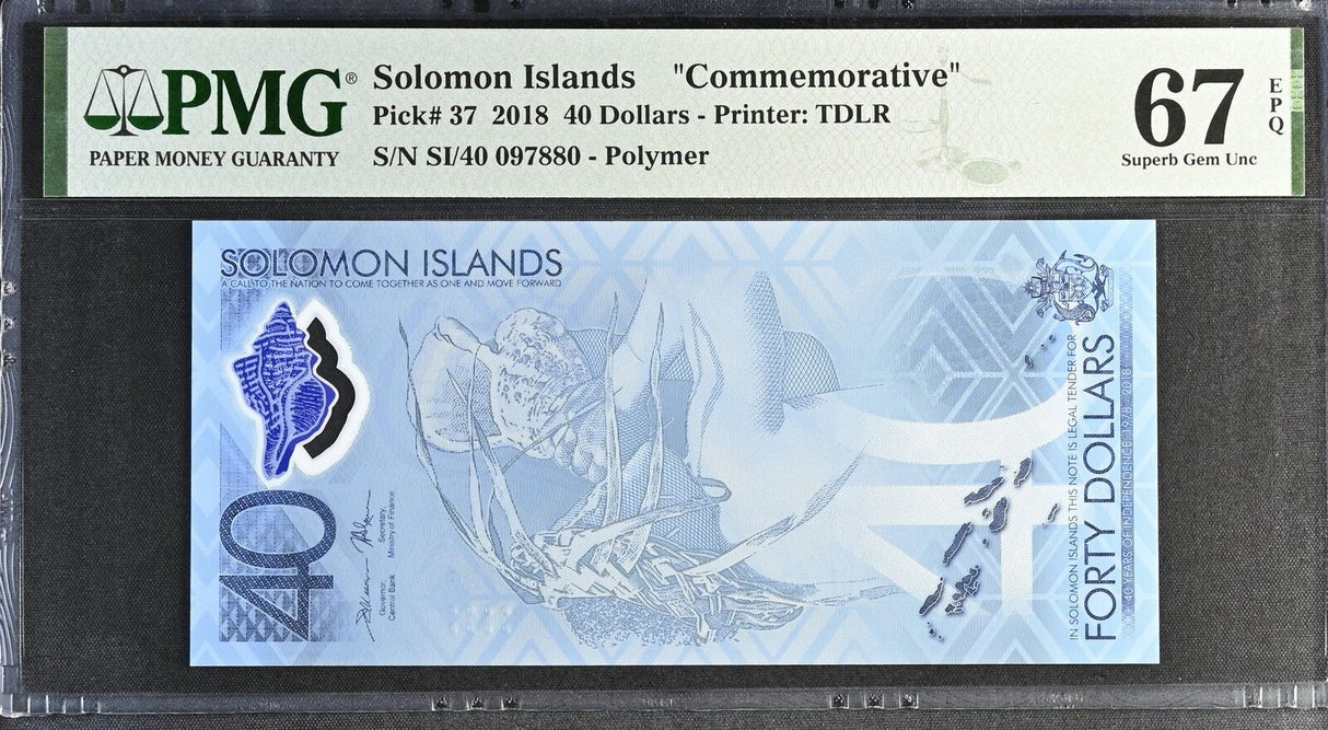 Solomon Islands 40 Dollars 2018 P 37 COMM. Polymer Superb Gem UNC PMG 67 EPQ