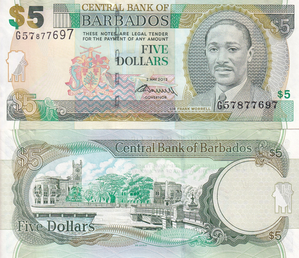 Barbados 5 Dollars 2012 P 67 c UNC