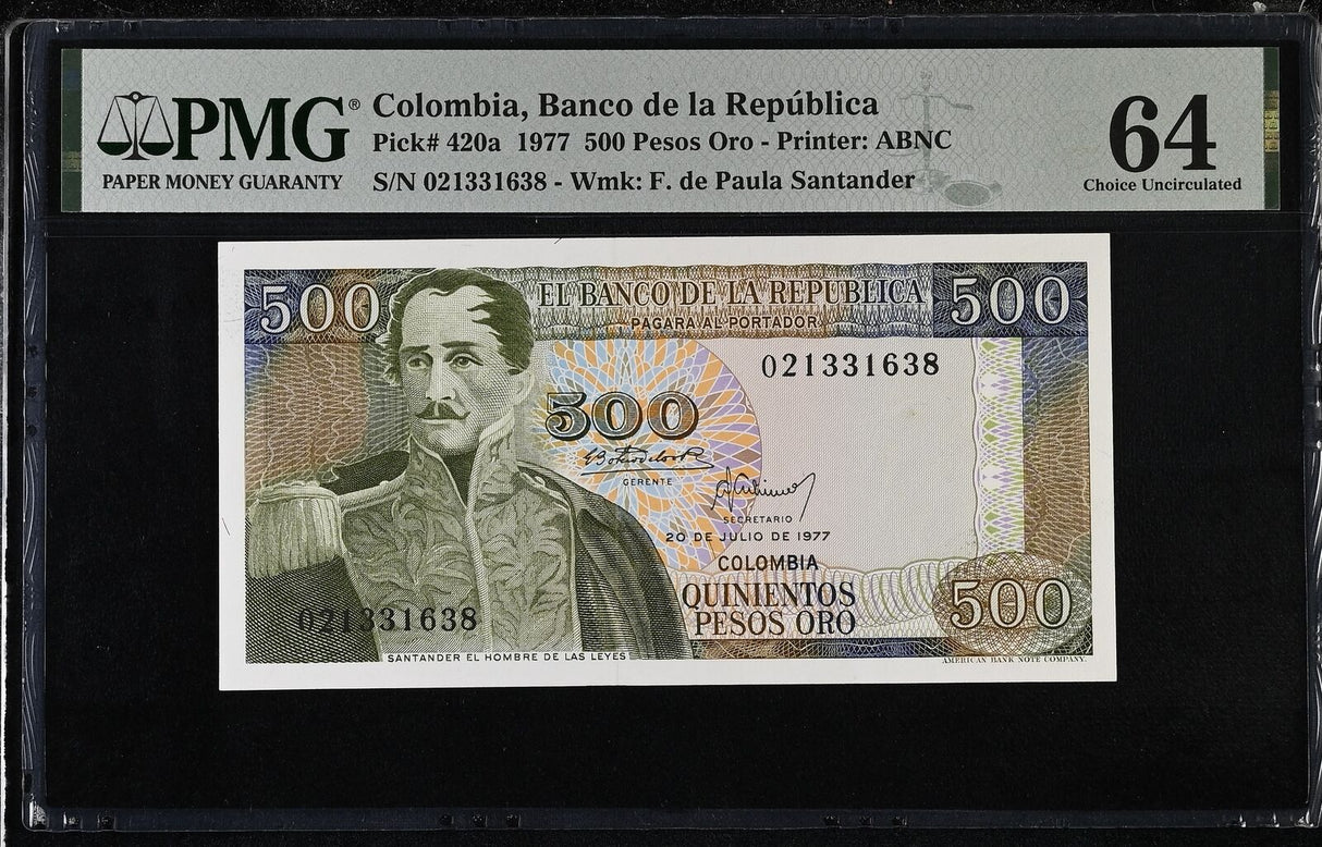 Colombia 500 PESOS 1977 P 420 a Choice UNC PMG 64
