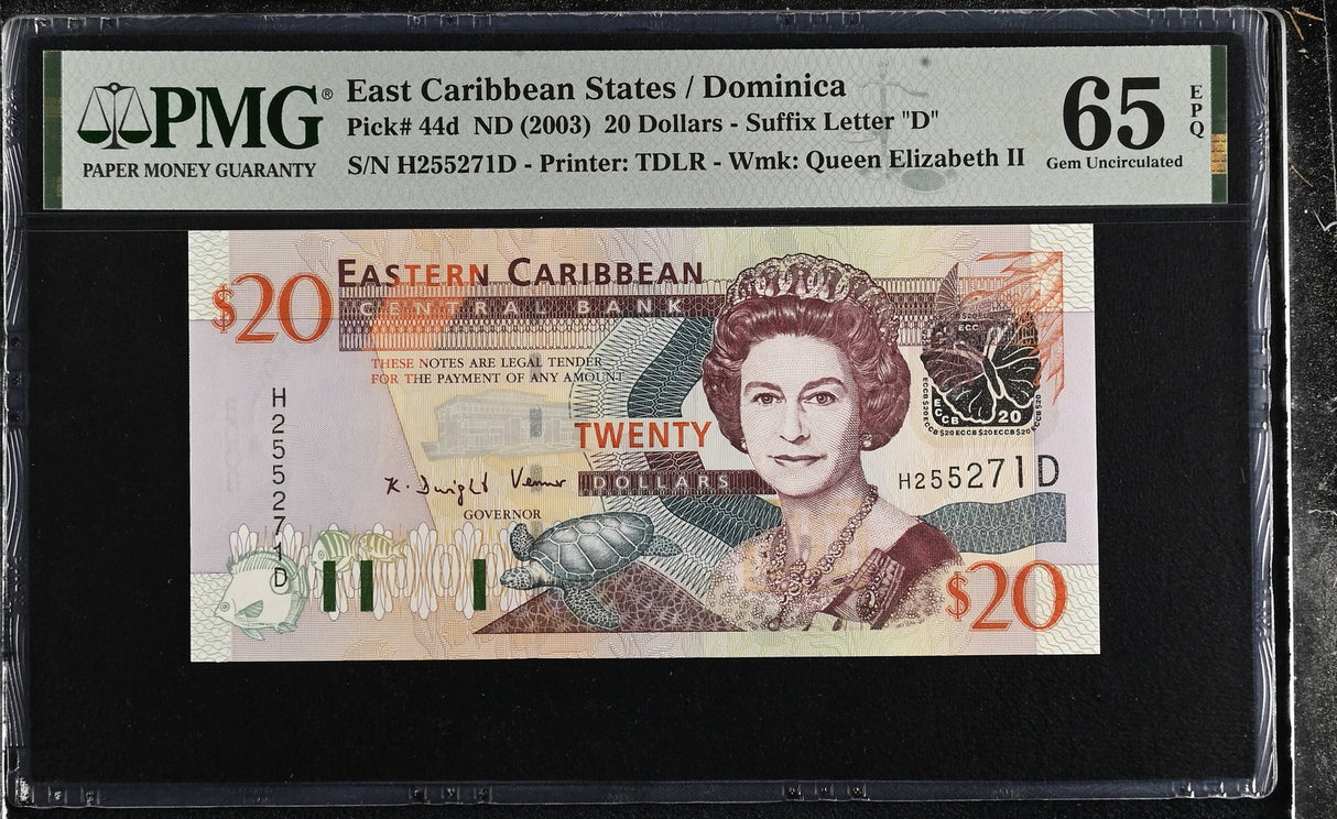 East Caribbean 20 Dollars ND 2003 P 44 d Suffix Letter D Gem UNC PMG 65 EPQ