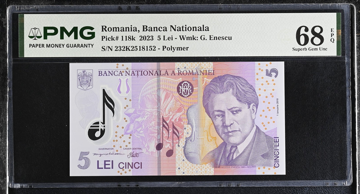 Romania 5 Lei 2023 P 118 k Polymer Superb Superb Gem UNC PMG 68 EPQ