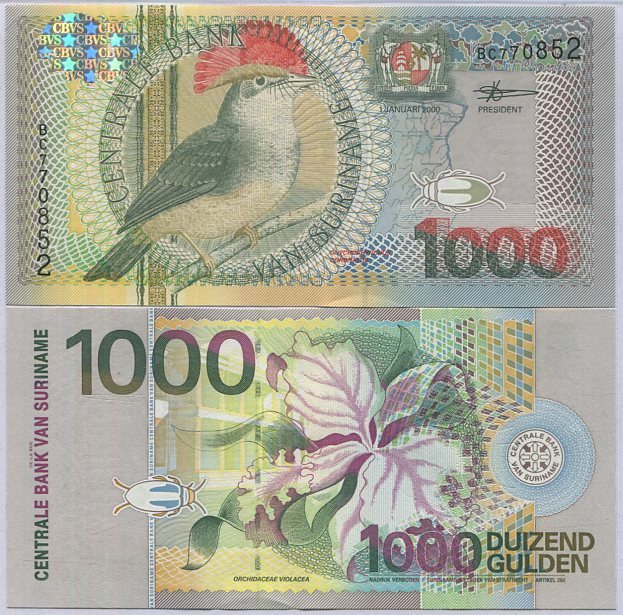 Suriname 1000 Gulden 2000 Bird P 151 UNC