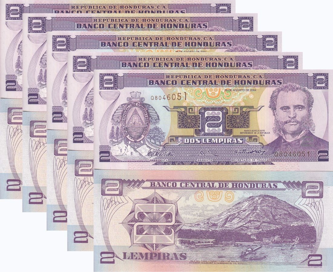 Honduras 2 Lempiras 2004 P 80Ae UNC LOT 5 PCS