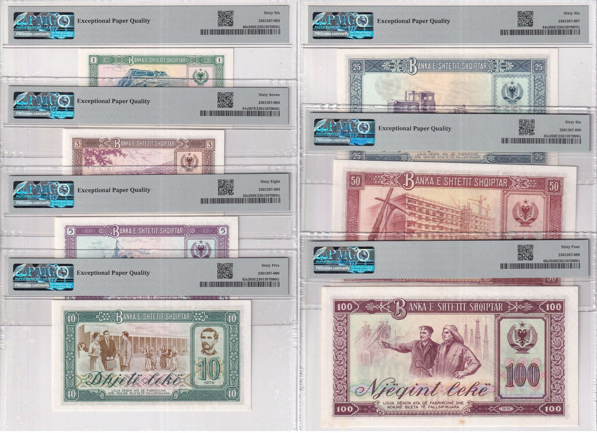 Albania set 7 ,1-100 Lek 1976 P 40-46 s2 SPECIMEN GEM UNC PMG 64 65 66 67 68
