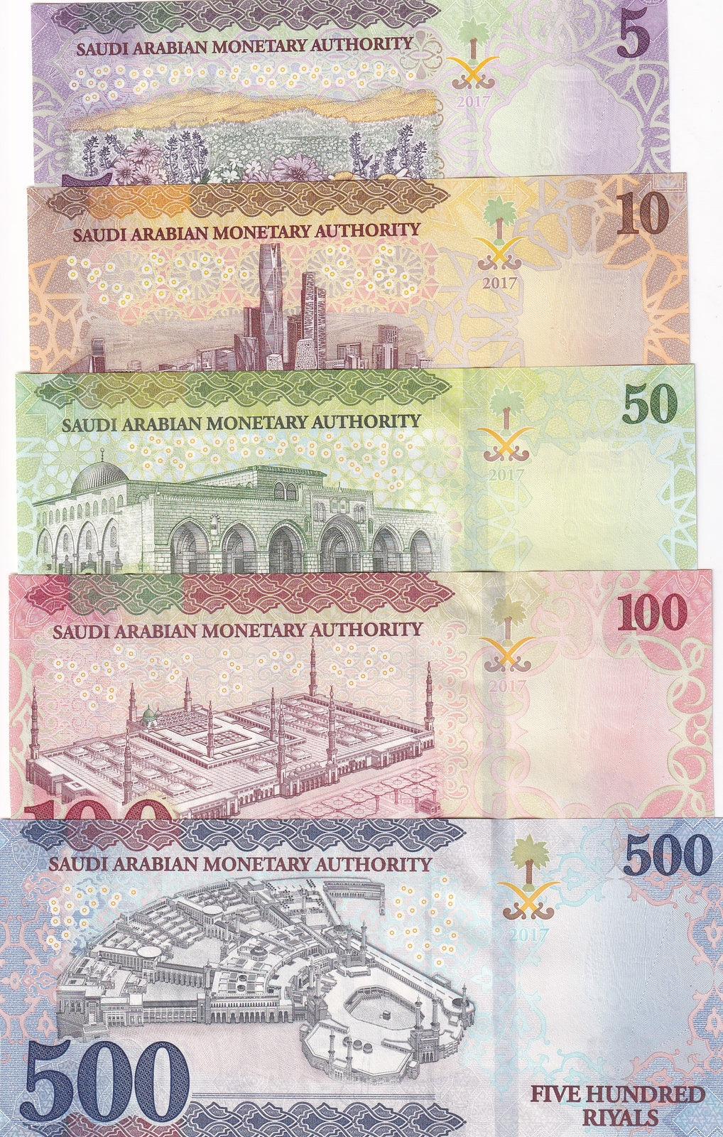 Saudi Arabia Set 5 Pcs 5 10 50 100 500 Riyals 2017 P 38 39 40 41 42 UNC