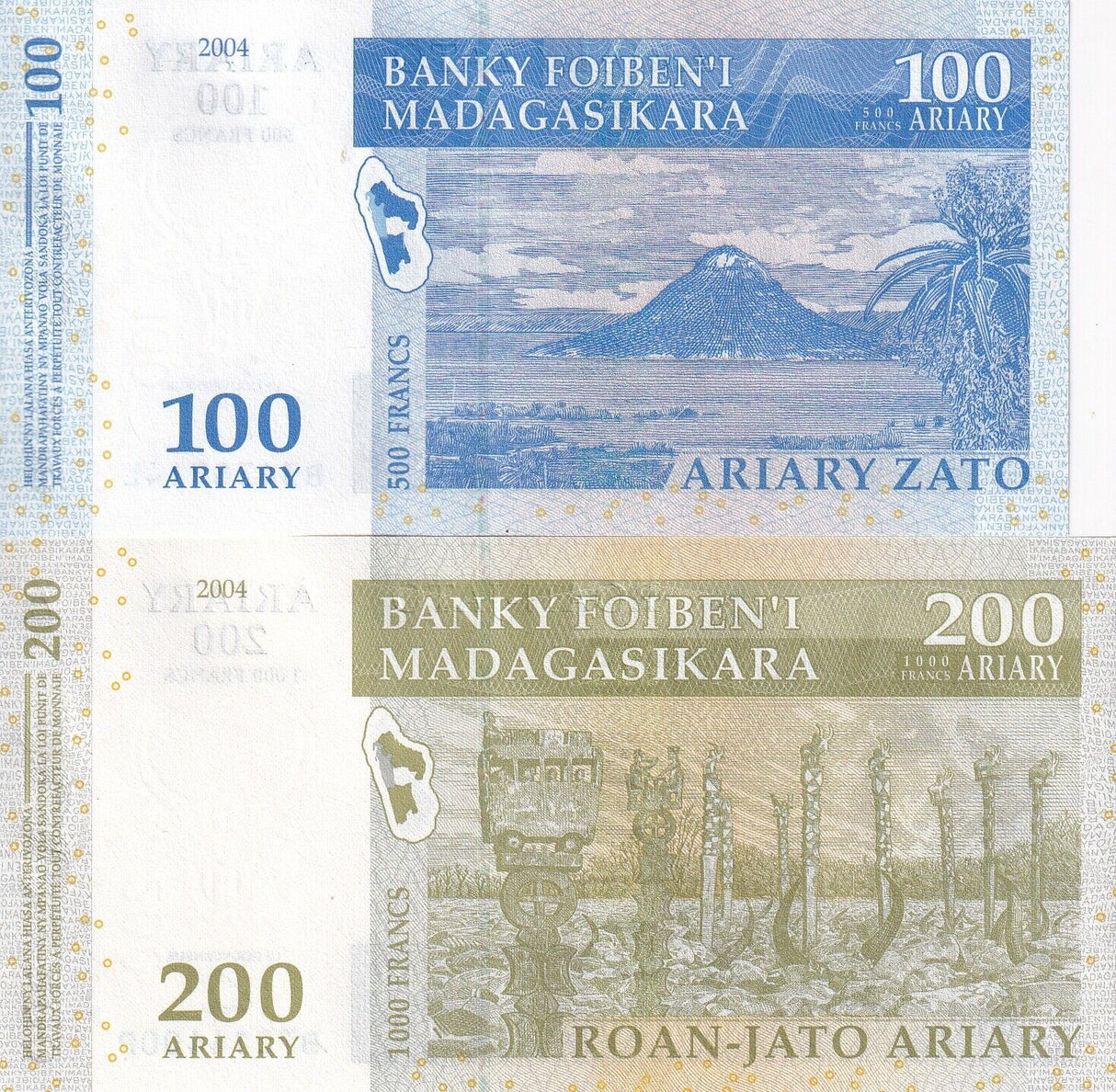 Madagascar set 2 UNC 100 200 Ariary 2004 P 86 87 b Sign # 6 UNC