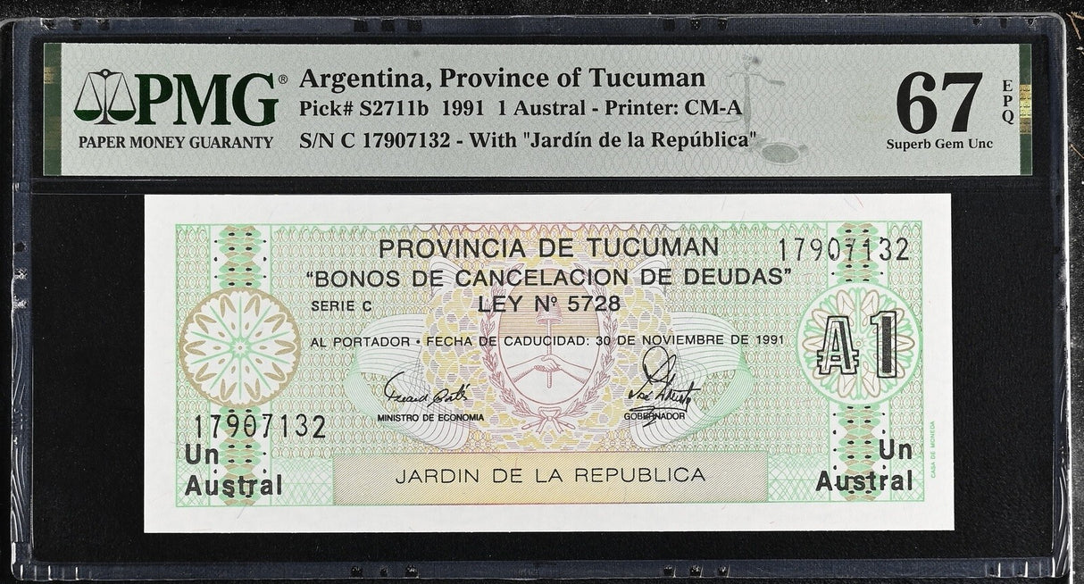 Argentina 1 Austral 1991 P S2711 b Superb Gem UNC PMG 67 EPQ