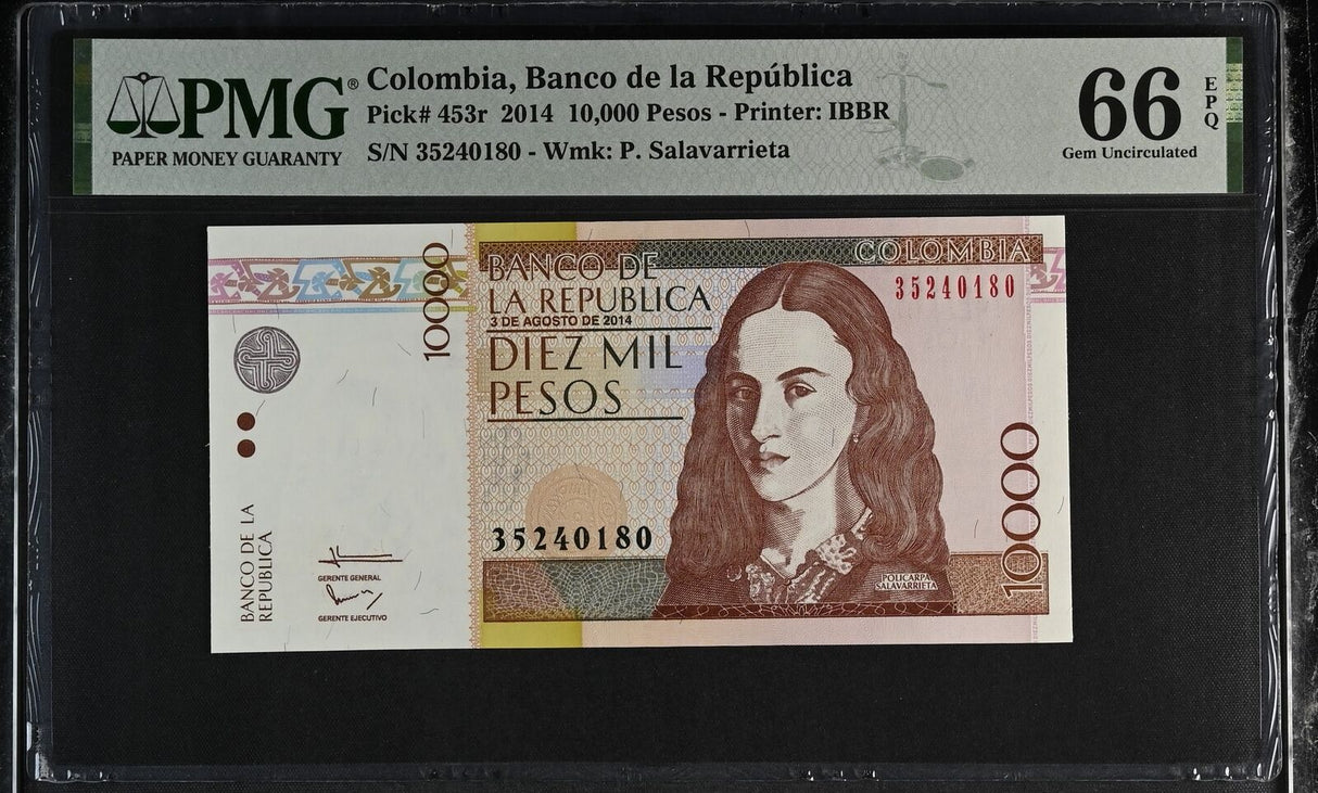 Colombia 10000 Pesos 2014 P 453 r Gem UNC PMG 66 EPQ