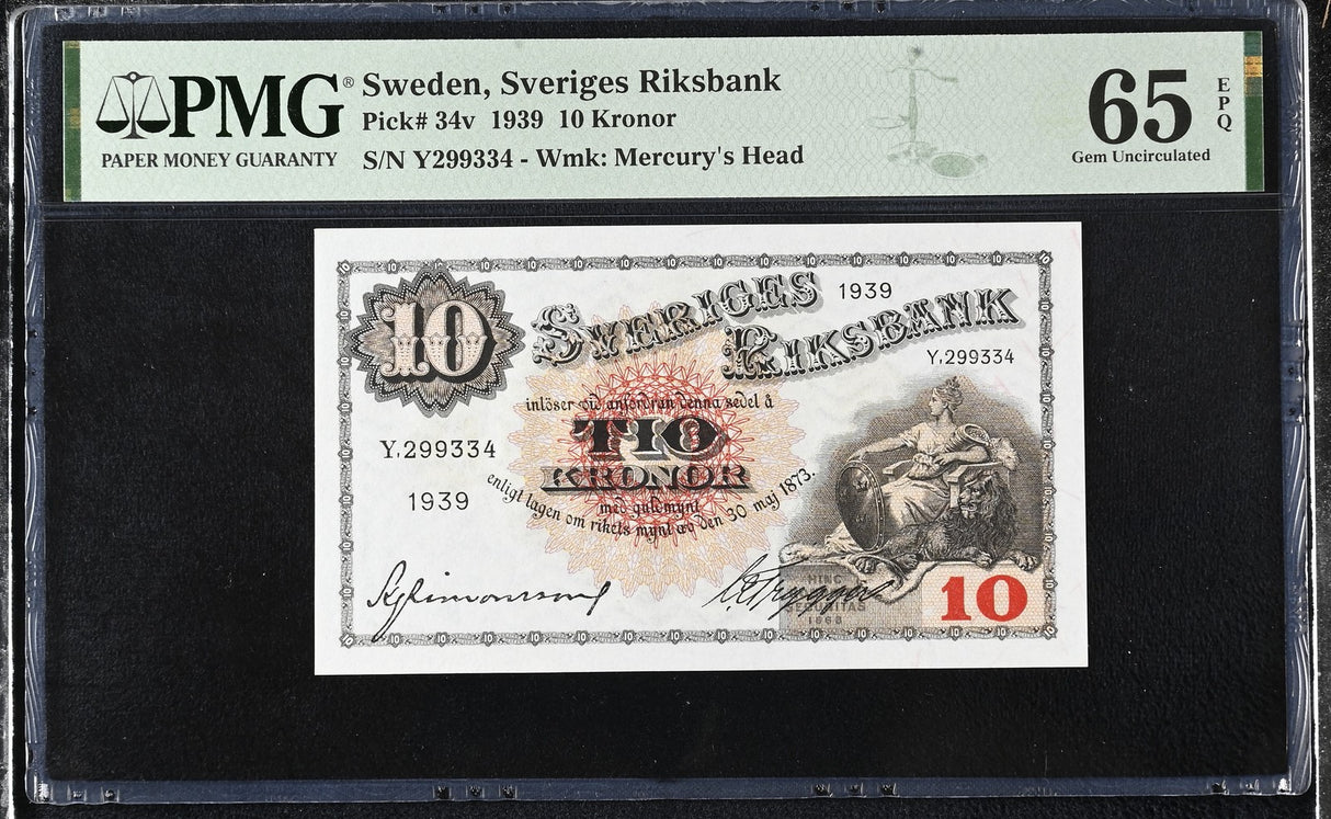 Sweden 10 Kronor 1939 P 34 v Gem UNC PMG 65 EPQ
