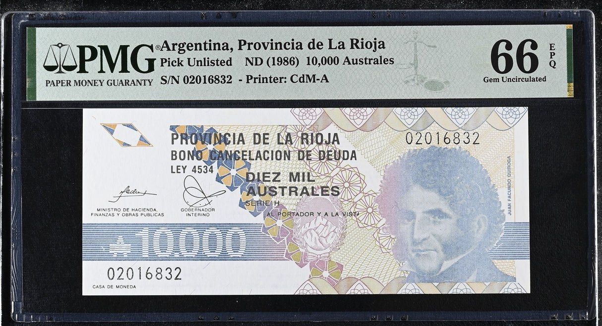 Argentina 10000 Australes ND 1986 Gem UNC PMG 66 EPQ