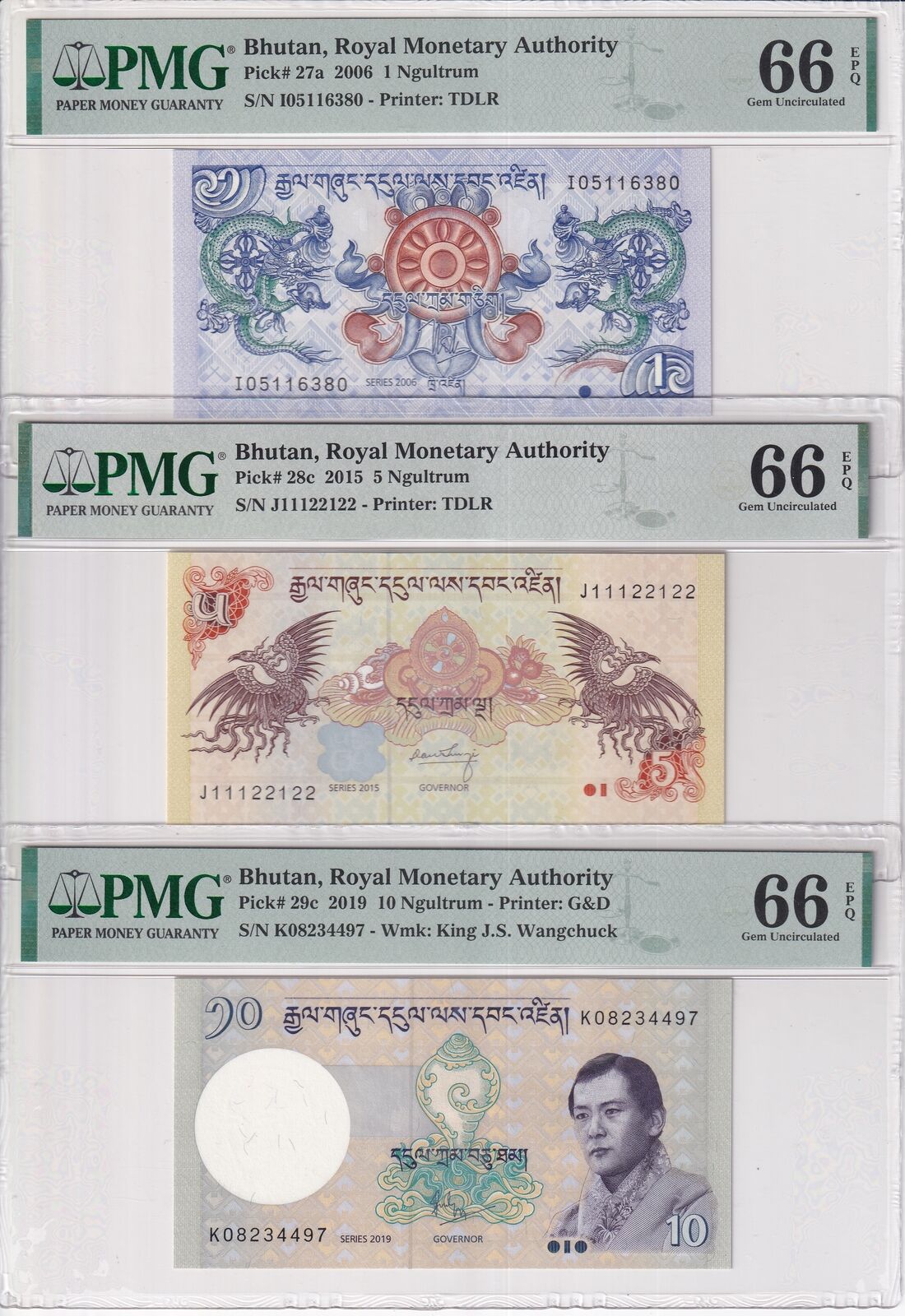 Bhutan Set 3; 1 5 10 Ngultrum 2006 2015 2019 P 27 28 29 Gem UNC PMG 66 EPQ
