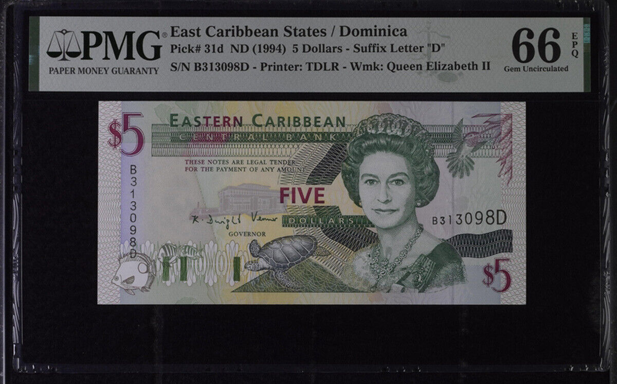 East Caribbean 5 Dollars ND 1994 P 31 d Suffix D Dominica GEM UNC PMG 66 EPQ