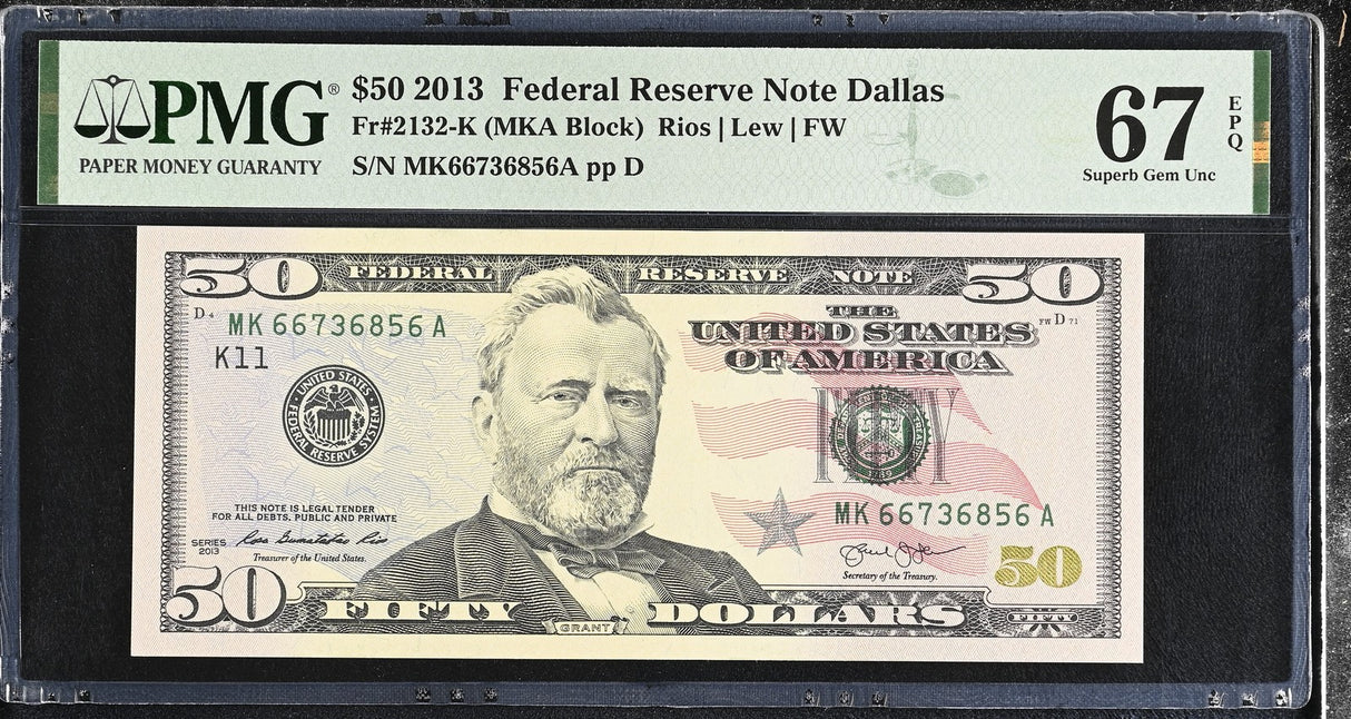 United States 50 Dollars USA 2013 P 542 K Dallas Superb Gem UNC PMG 67 EPQ