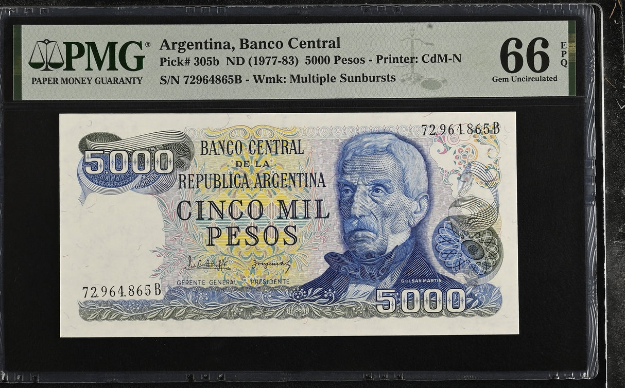 Argentina 5000 Pesos ND 1977-1983 P 305 b Gem UNC PMG 66 EPQ