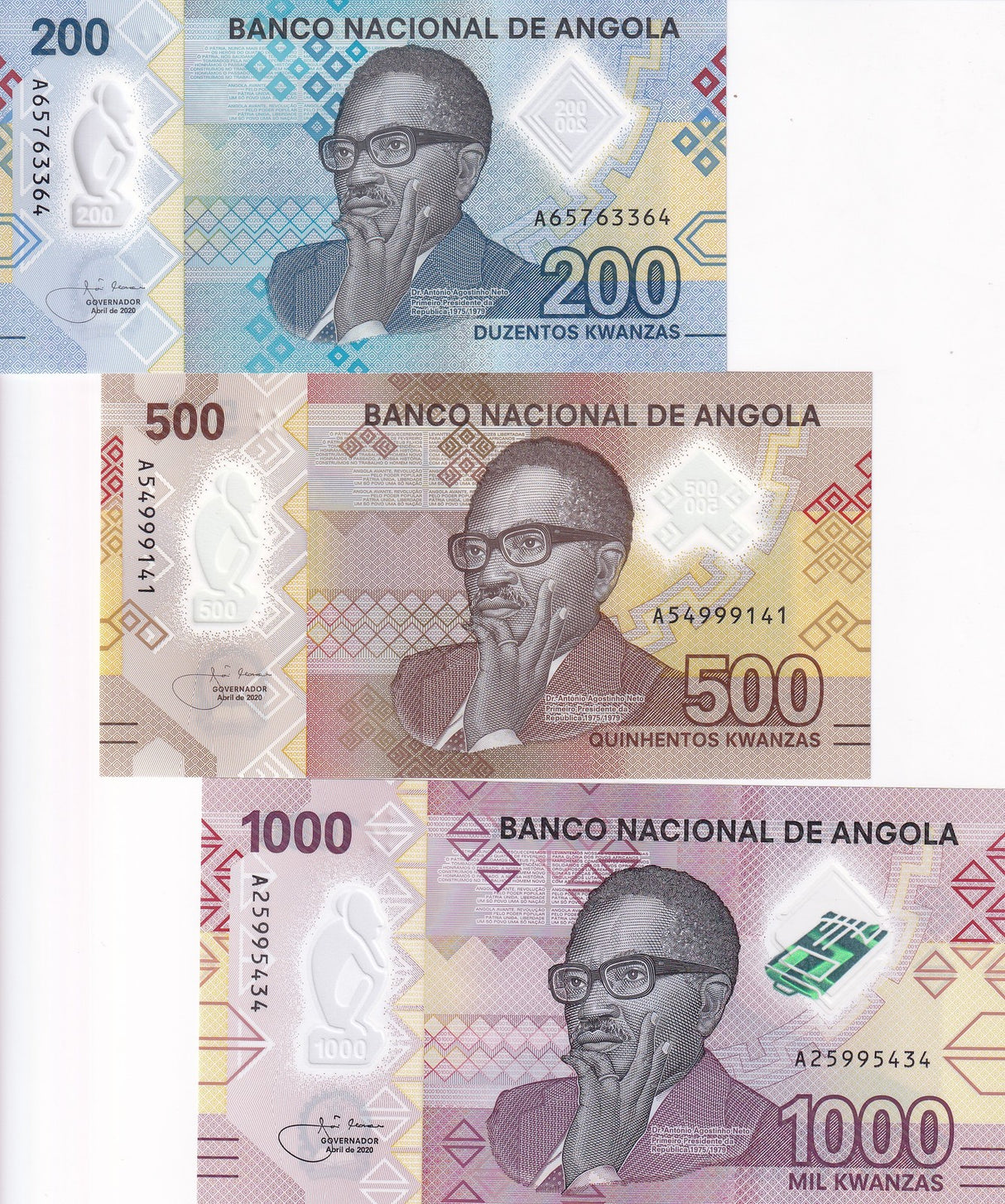 Angola Set 3 Pcs 200 500 1000 Kwanzas 2020 P 160 161 162 Polymer UNC