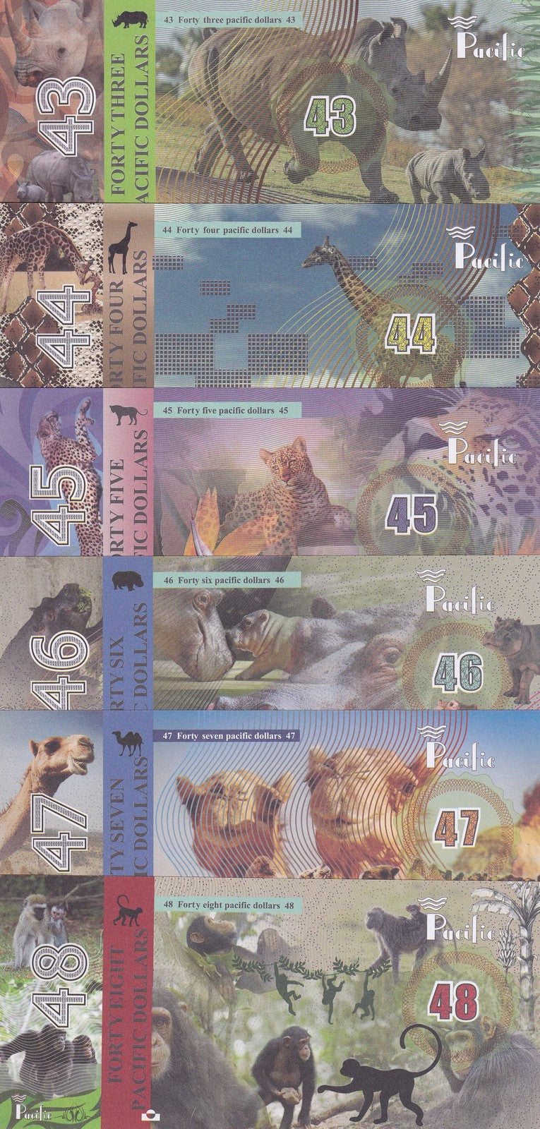 Pacific Ocean set 6, 43 44 45 46 47 48 Dollars 2019 Fantasy Rhino Camel Monkey