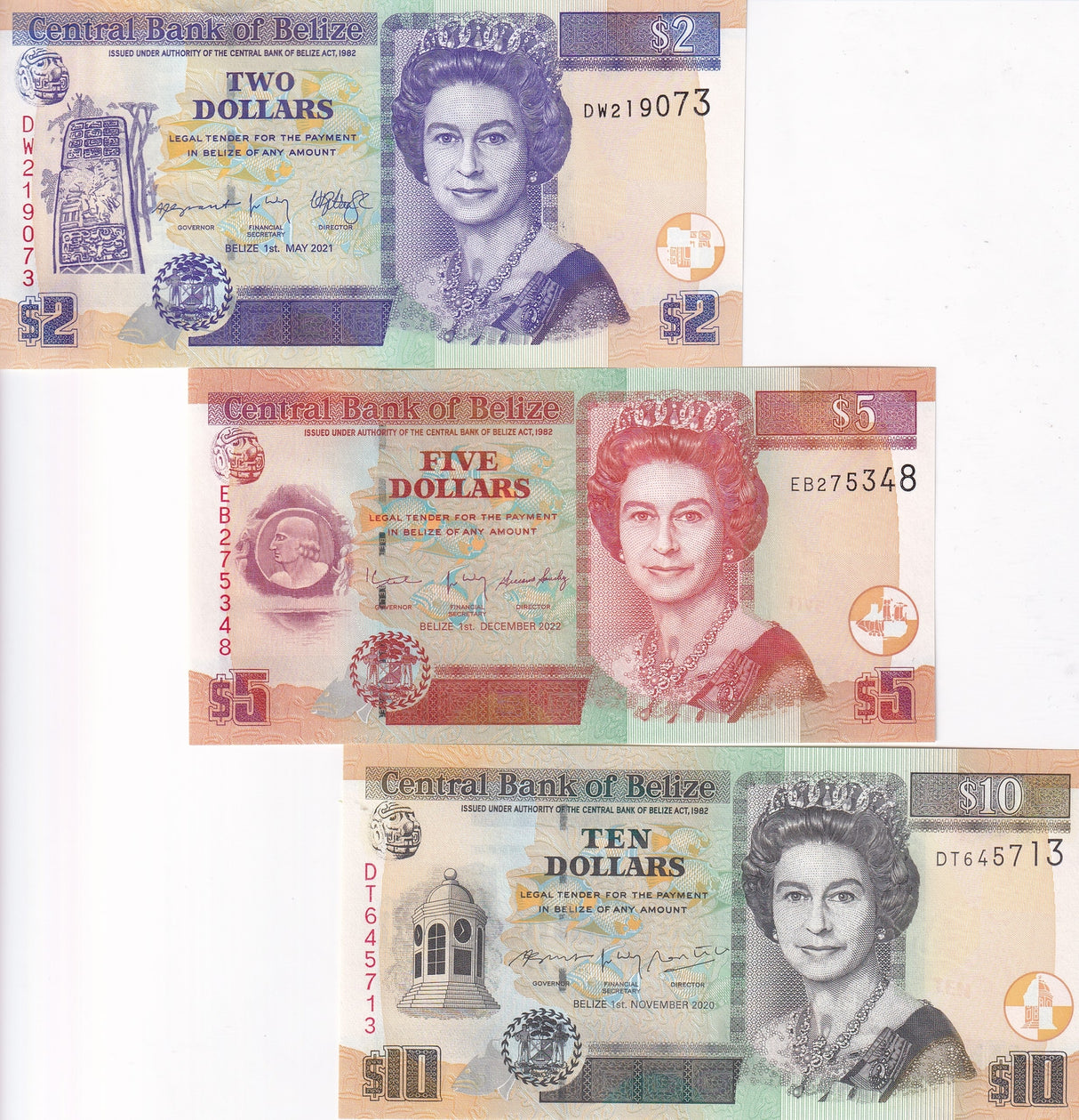 Belize Set 3 Pcs 2 5 10 Dollars 2020 2022 P 66 67 68 NEW Date & Sign QEII UNC