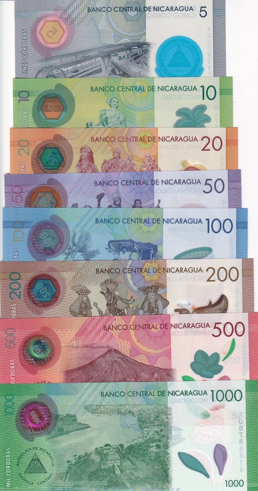 Nicaragua Set 8 UNC 5 10 20 50 1000 Cordobas 2014-2021 Polymer Paper P 209 - 219