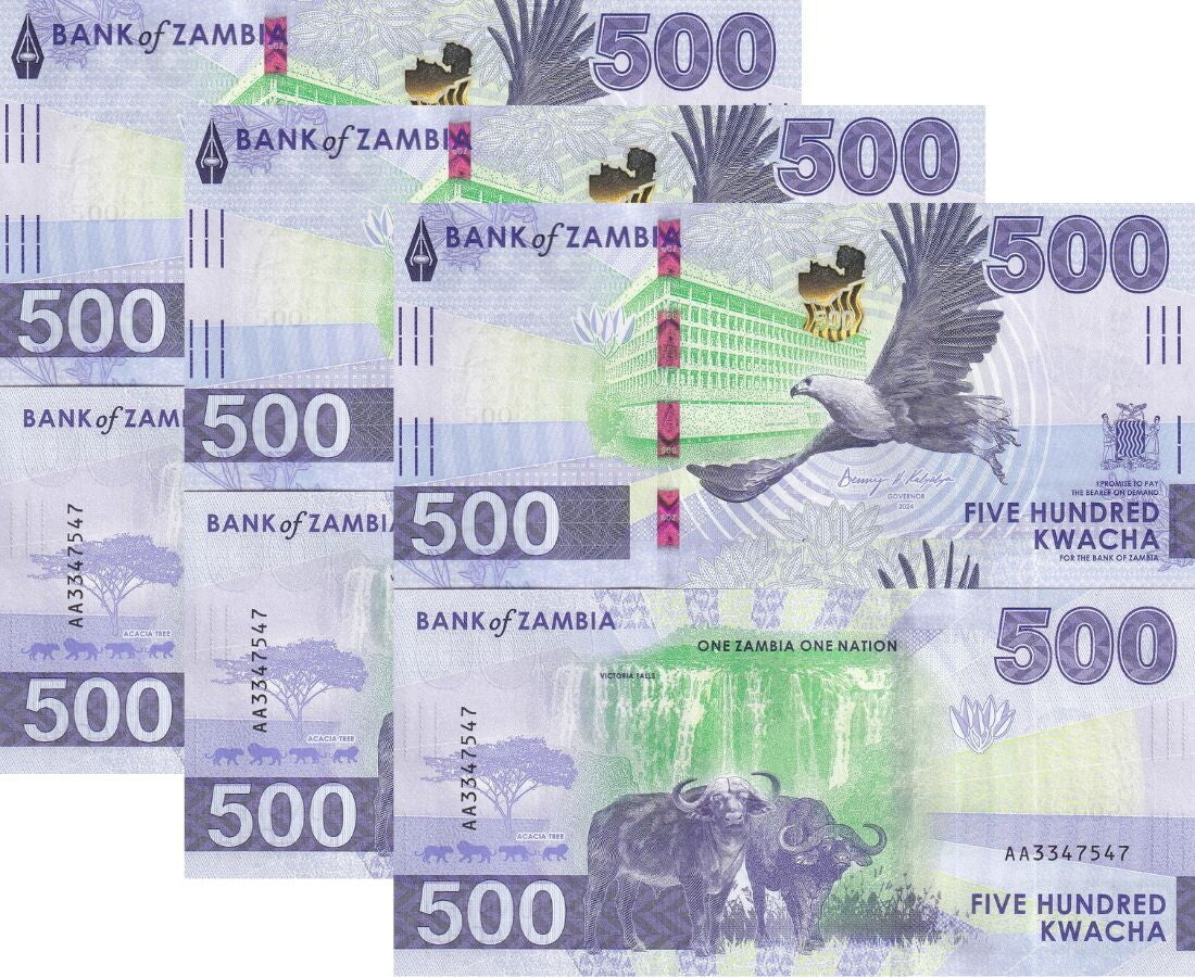Zambia 500 Kwacha 2024 2025 P 67 BISON EAGLE UNC LOT 3 PCS