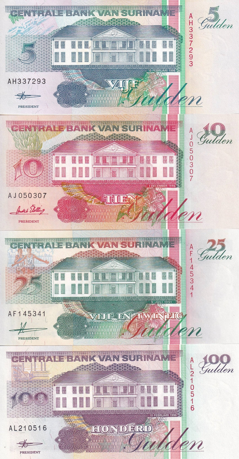 Suriname SET 4 UNC 5 10 25 100 Gulden Random Years P 136 137 138 139