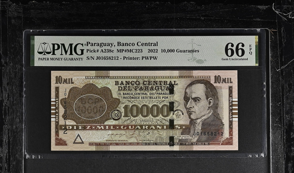 Paraguay 10000 Guaranies 2022 A238 c Gem UNC PMG 66 EPQ